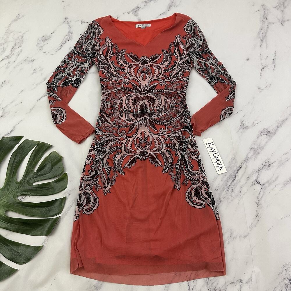 Kay Unger Womens Sheath Dress Size M New Coral Pink Black Mesh Long Sleeves